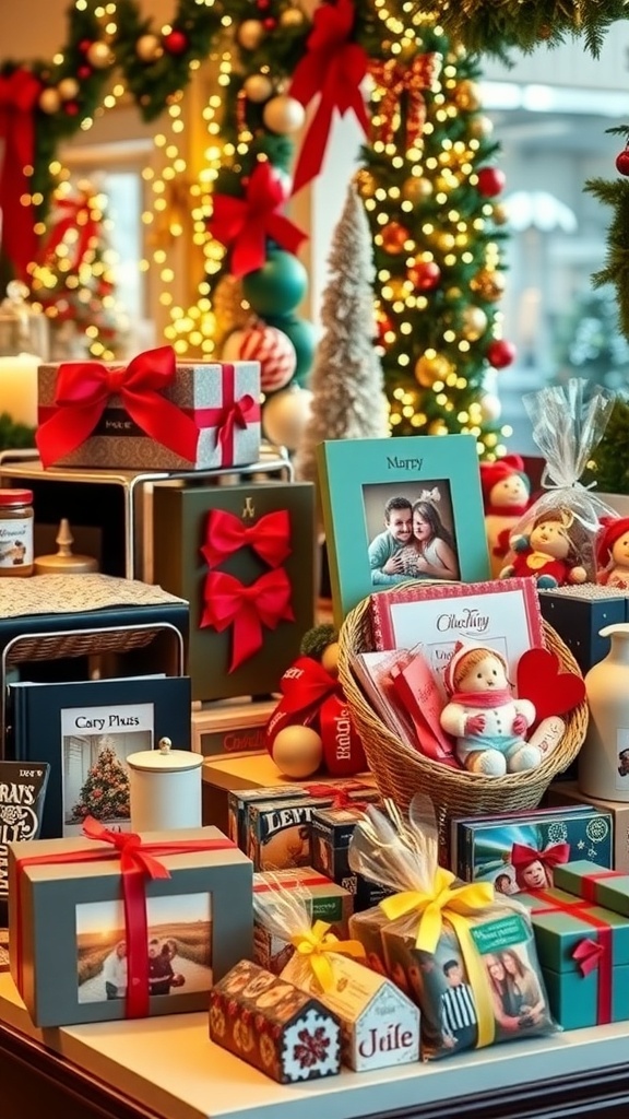 Creative Christmas Gift Alternatives A creative assortment of Christmas gift alternatives including baked goods, photo albums, and gift baskets on a festive table.